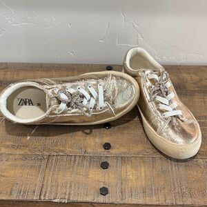 ZARA Kids Shimmering Gold Sneakers with Crystal Bow